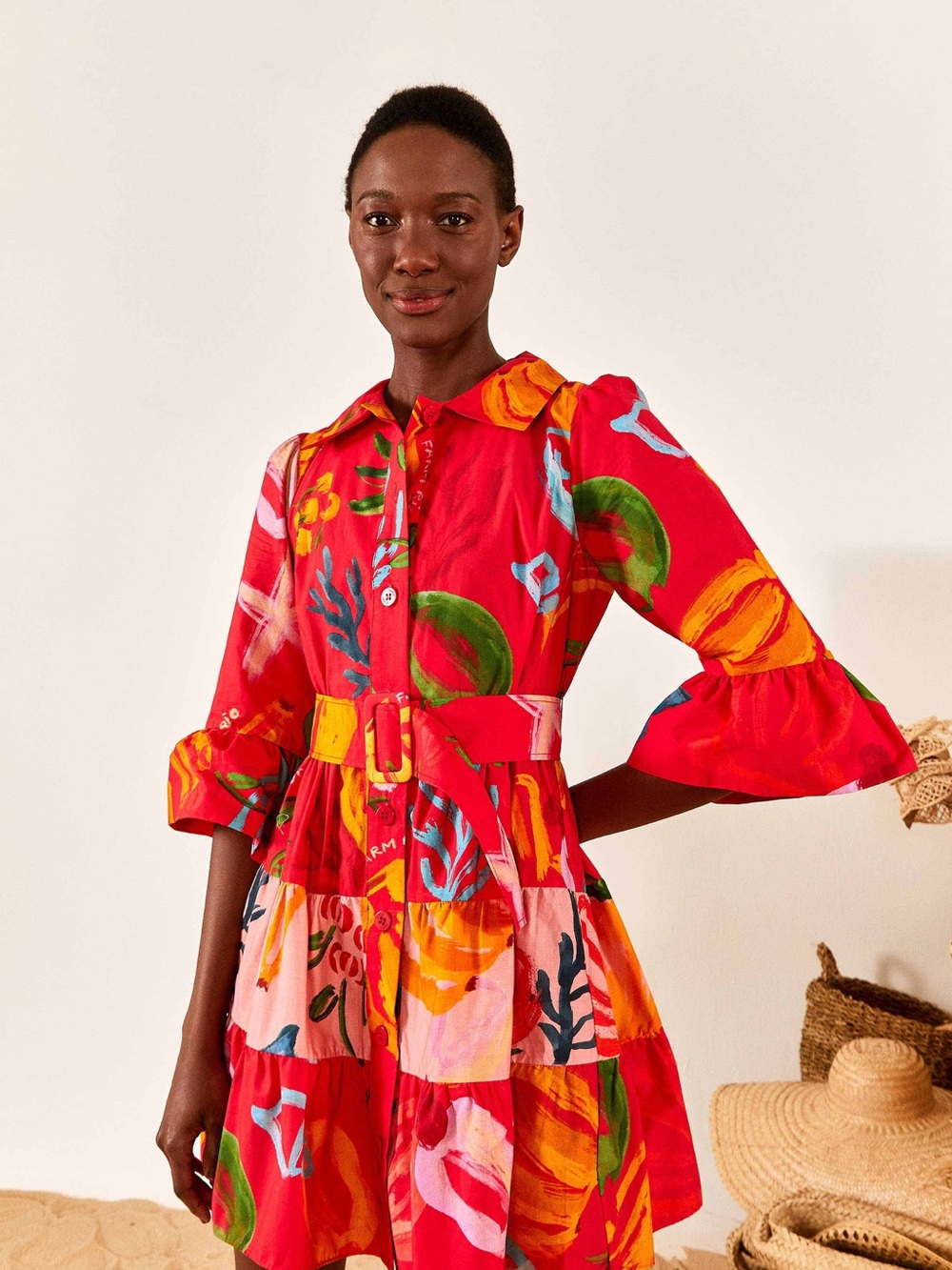 FARM Rio Red Multicolor Floral Belted Tiered Mini Dress